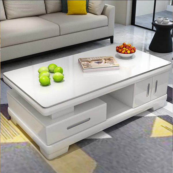 HomeSailing Modern White High Gloss Coffee Table with 2 Storage Drawers Living Room Large Glass Tabletop Coffee Table Wood Frame Sofa End Tea Table Rectangular for Office Waiting Reception Furniture