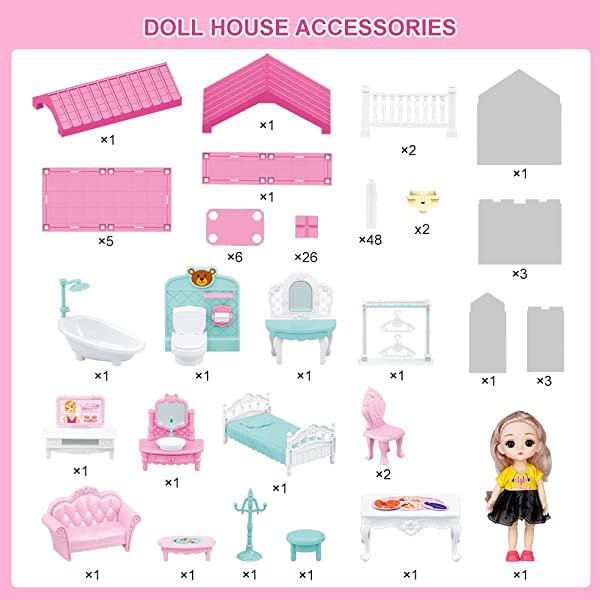 Doll House Kit,Dollhouse with Lights, Slide, Pets and Dolls, DIY Pretend Play Building Playset Toys with Asseccories and Furniture, Princess House for Toddlers, Kids Boy & Girl (11 Rooms)