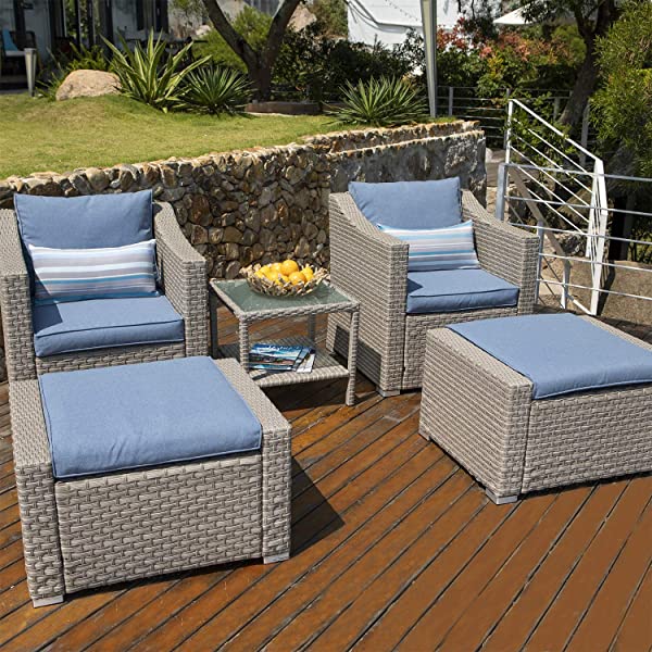 COSIEST 5-Piece Outdoor Furniture Lounge Set Warm Gray Wicker Sectional Sofa w Thick Cushions, Glass-Top Table, 2 Ottomans, 2 Teal Pattern Pillows for Garden, Pool, Backyard