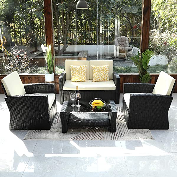 YITAHOME 4 Pieces Outdoor Furniture Sofa Set, PE Rattan Wicker Sectional Furniture Conversation Set with Cushions and Table for Porch Lawn Garden, Black