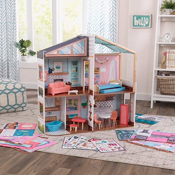 KidKraft Designed by Me™: Magnetic Makeover Wooden Dollhouse with Magnets, Fabric Wallpapers and 10 Pieces of Furniture, Gift for Ages 3+ Modern