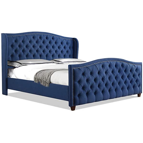 Jennifer Taylor Home Marcella Collection Queen Wingback Tufted Hand-Applied Nail Heads Upholstered Bed, Antique White Antique White Queen