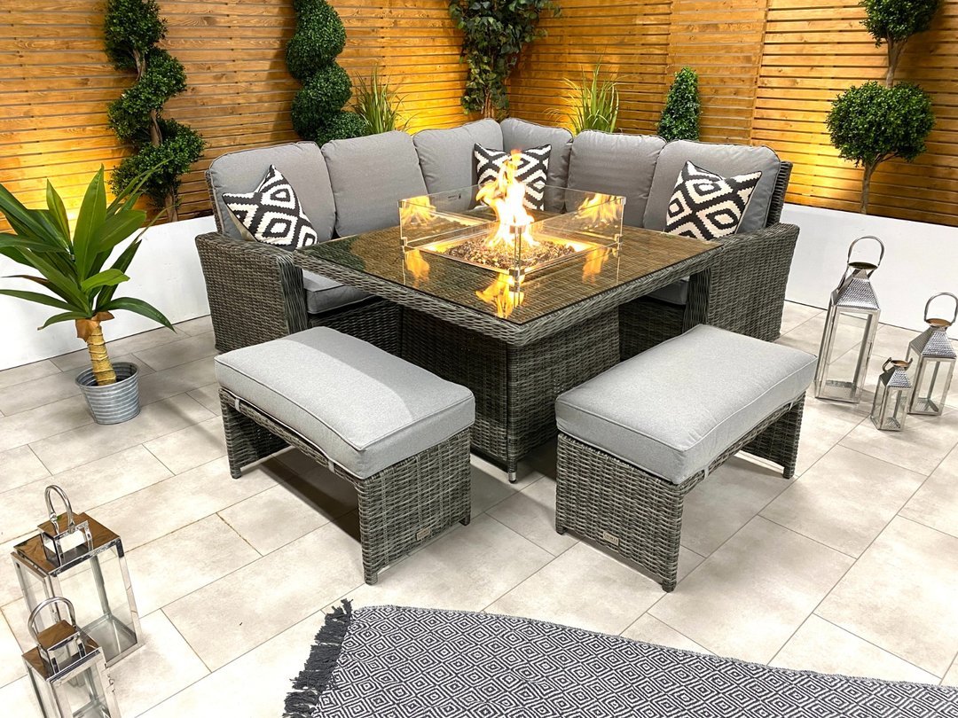 Chimes - Stone Grey Milan Deluxe Corner Dining Set With Firepit Table