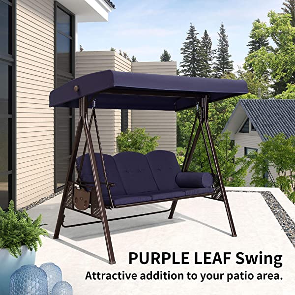 PURPLE LEAF 3-Seat Deluxe Outdoor Patio Porch Swing with Weather Resistant Steel Frame, Adjustable Tilt Canopy, Cushions and Pillow Included, Beige 74.4