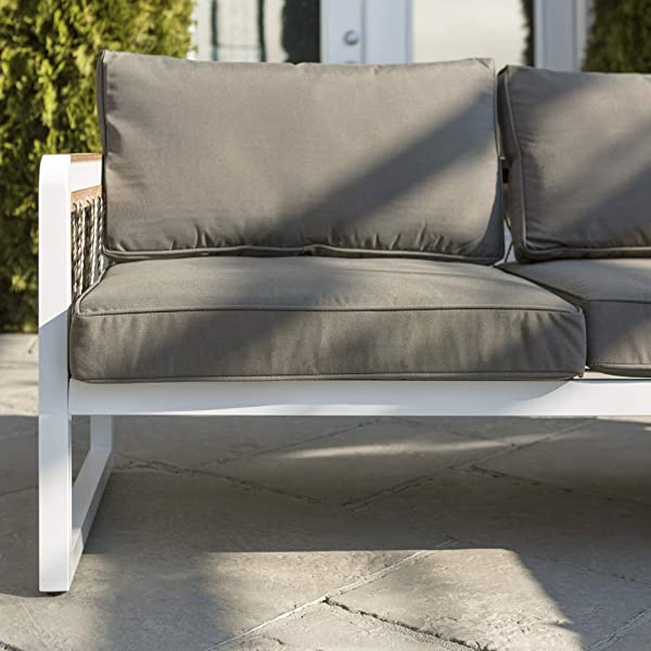 Walker Edison Harbor Modern 4 Piece Teak Wood and Metal Outdoor Modular Sectional with Knotted Rope Accents, Set of 4, White and Grey