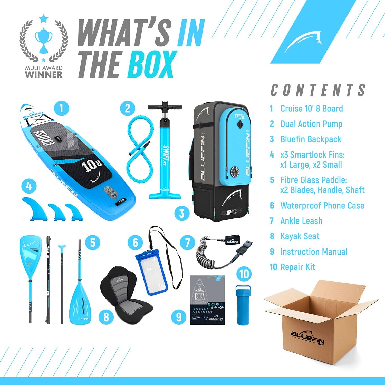 Bluefin Cruise SUP Inflatable Stand Up Paddle Board | Premium Paddleboard Accessories | Multiple sizes: Kids, 9'8, 10'4, 10’8, 12’, 15'