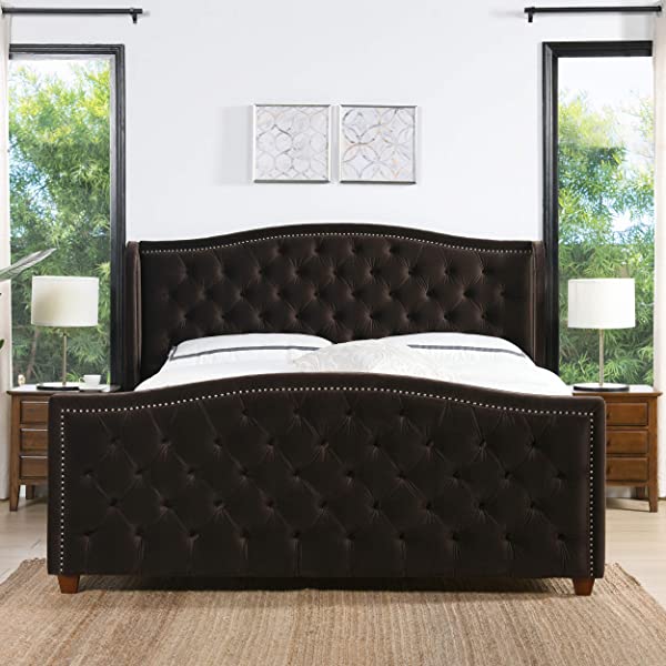 Jennifer Taylor Home Marcella Collection Queen Wingback Tufted Hand-Applied Nail Heads Upholstered Bed, Antique White Antique White Queen