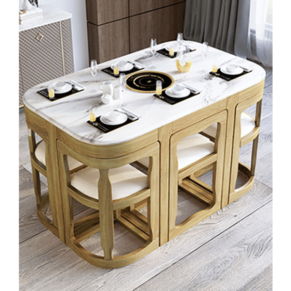 Esstisch und Stühle aus Marmor, Schiefer, Haushalt, kleine Wohnung, moderner, minimalistischer runder Tisch, schrumpfender Esstisch, Kombination aus Tisch und Stuhl aus Massivholz