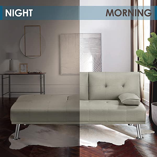 YAHEETECH Linen Fabric Modern Sofa Bed Sectional Couch Bed Folding Recliner Sleeper Reversible Loveseat Convertible Daybed, 2 Cup Holders, 3 Angles, 772lb Capacity, Removable Armrests, Dark Gray