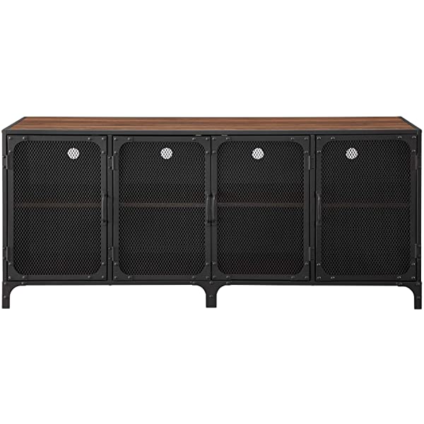 Walker Edison Malcomb Urban Industrial Metal Mesh Double Door Rolling Bar Cabinet, 33 Inch, Rustic Oak Rustic Oak 33 Inch