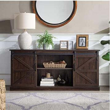 BELLEZE Modern Farmhouse TV Stand & Media Entertainment Center Console Table for TVs up to 65 Inch with Sliding Barn Door and Storage Cabinets - Truman (Stone Grey)